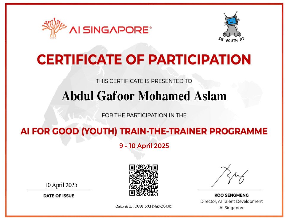 AI for Good (Youth) Train-the-Trainer Programme certificate issued by AI Singapore
