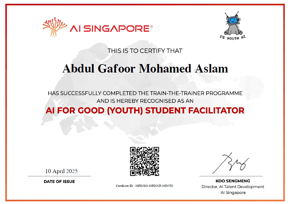 AI for Good (Youth) Student Facilitator certificate issued by AI Singapore