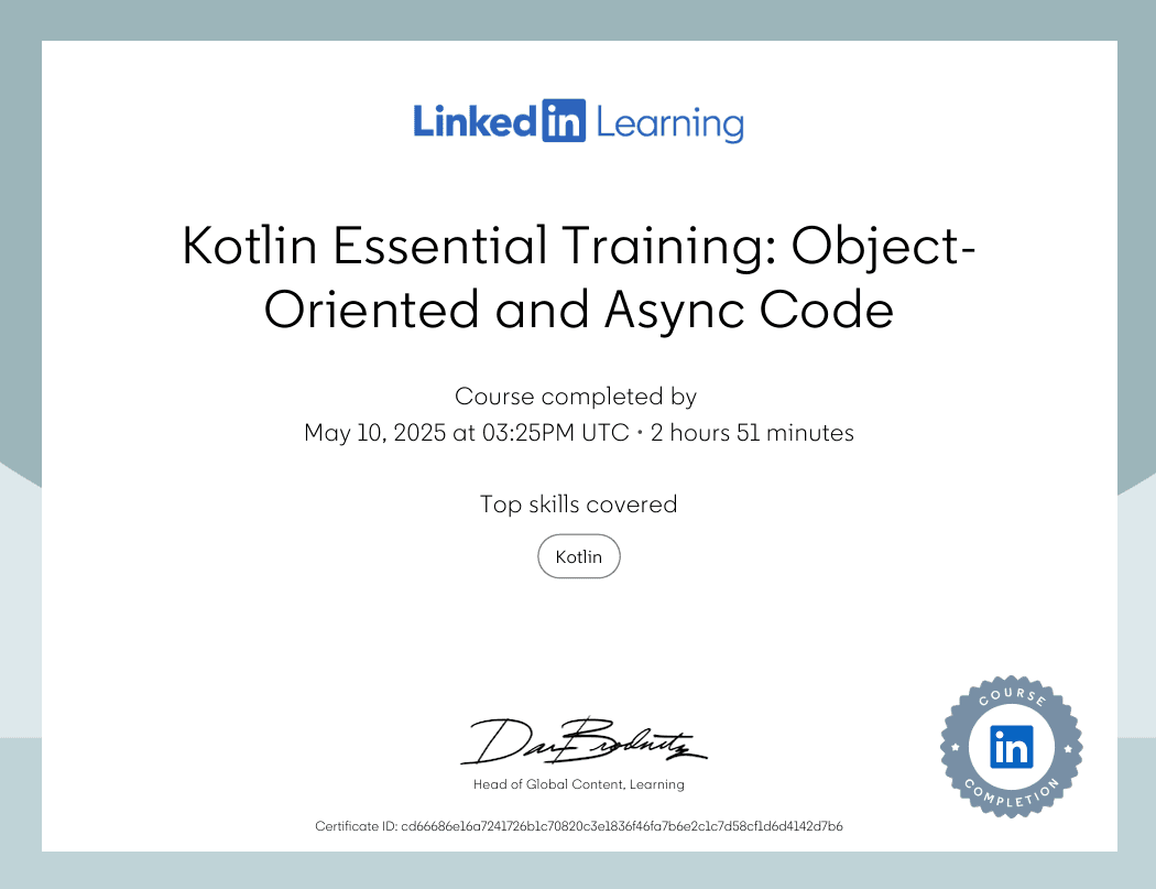 Kotlin Essential Training certificate from LinkedIn Learning