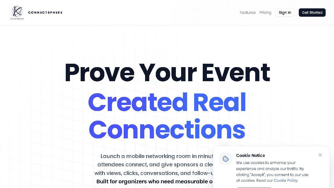 ConnectSphere landing page hero: "Prove Your Event Created Real Connections"