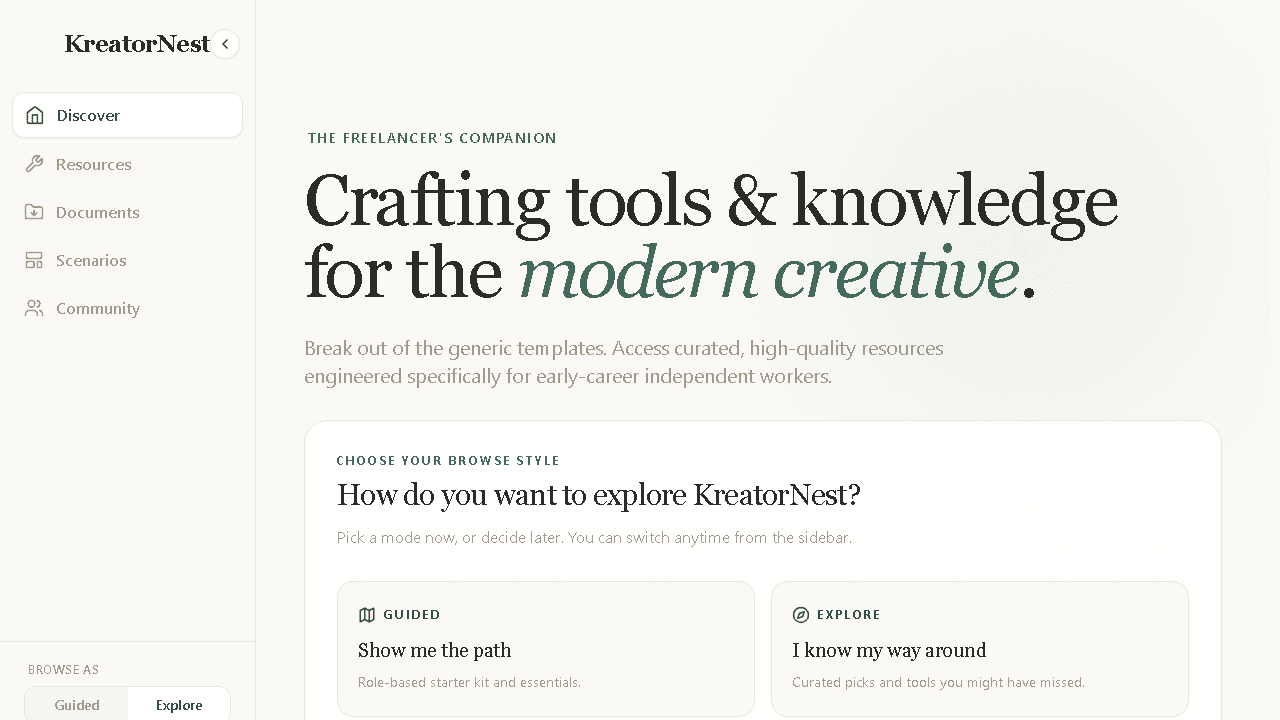 KreatorsNest landing page: "Crafting tools & knowledge for the modern creative", with a sidebar and a guided-or-explore browsing choice