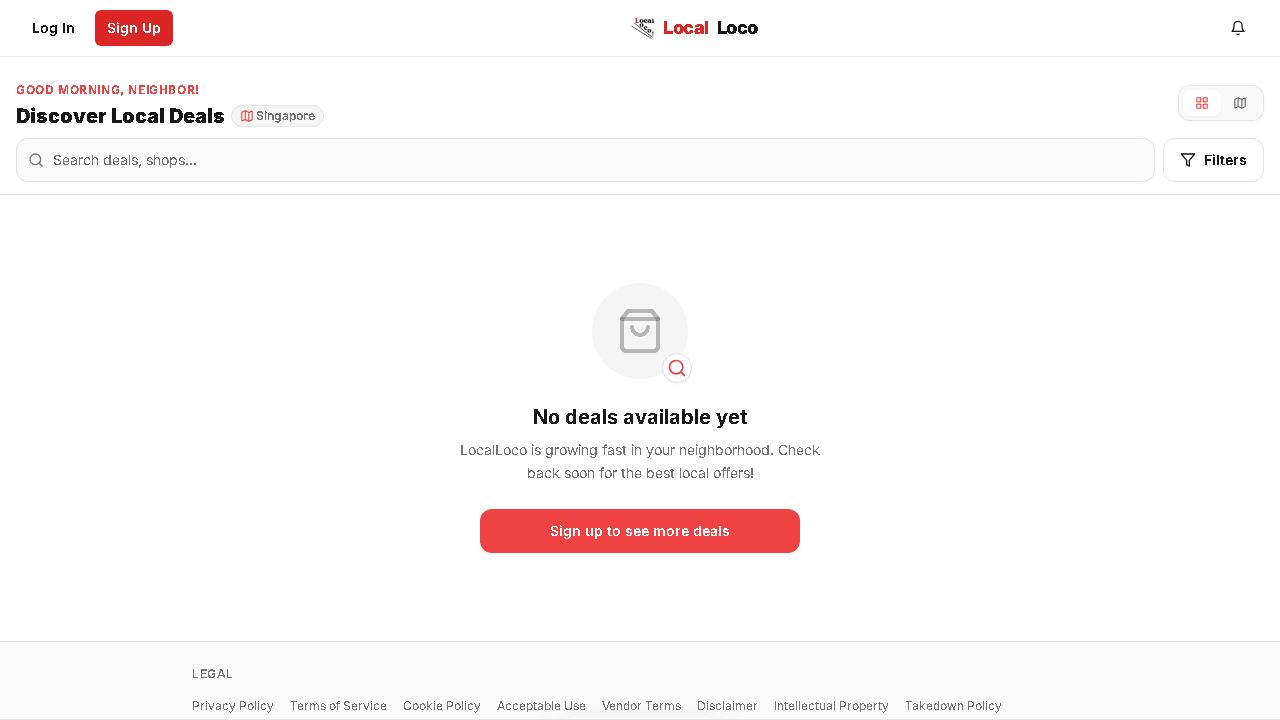 LocalLoco consumer app: "Discover Local Deals, Singapore" with a search bar, currently showing an empty "No deals available yet" state