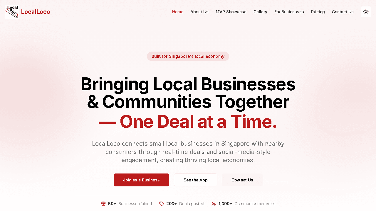 LocalLoco for Business landing page: "Bringing Local Businesses & Communities Together — One Deal at a Time"