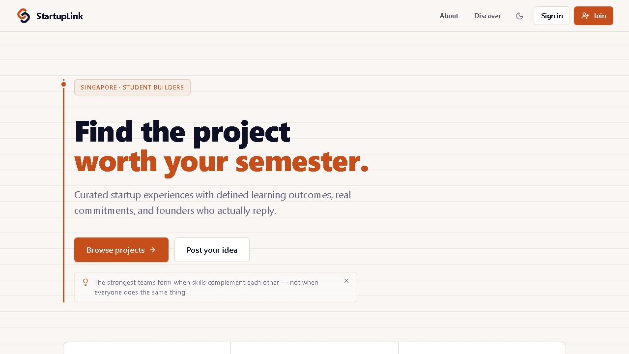 StartupLink interface showing the founder and student onboarding flow